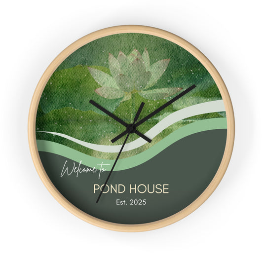 Serene Pond House Wall Clock, Personalized Home Decor, Artful Timepiece, Unique Gift, Botanical Clock, Cottage Vibe