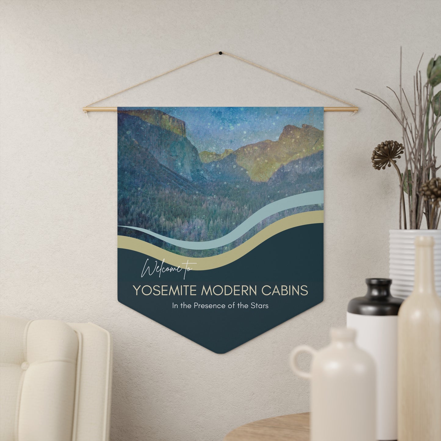 YOSEMITE Welcome Pennant Wall Hanging Welcome Sign for Airbnb Hosts Personalizable Custom Design Vista Nuovo Fine Art Prints by Juliana2me