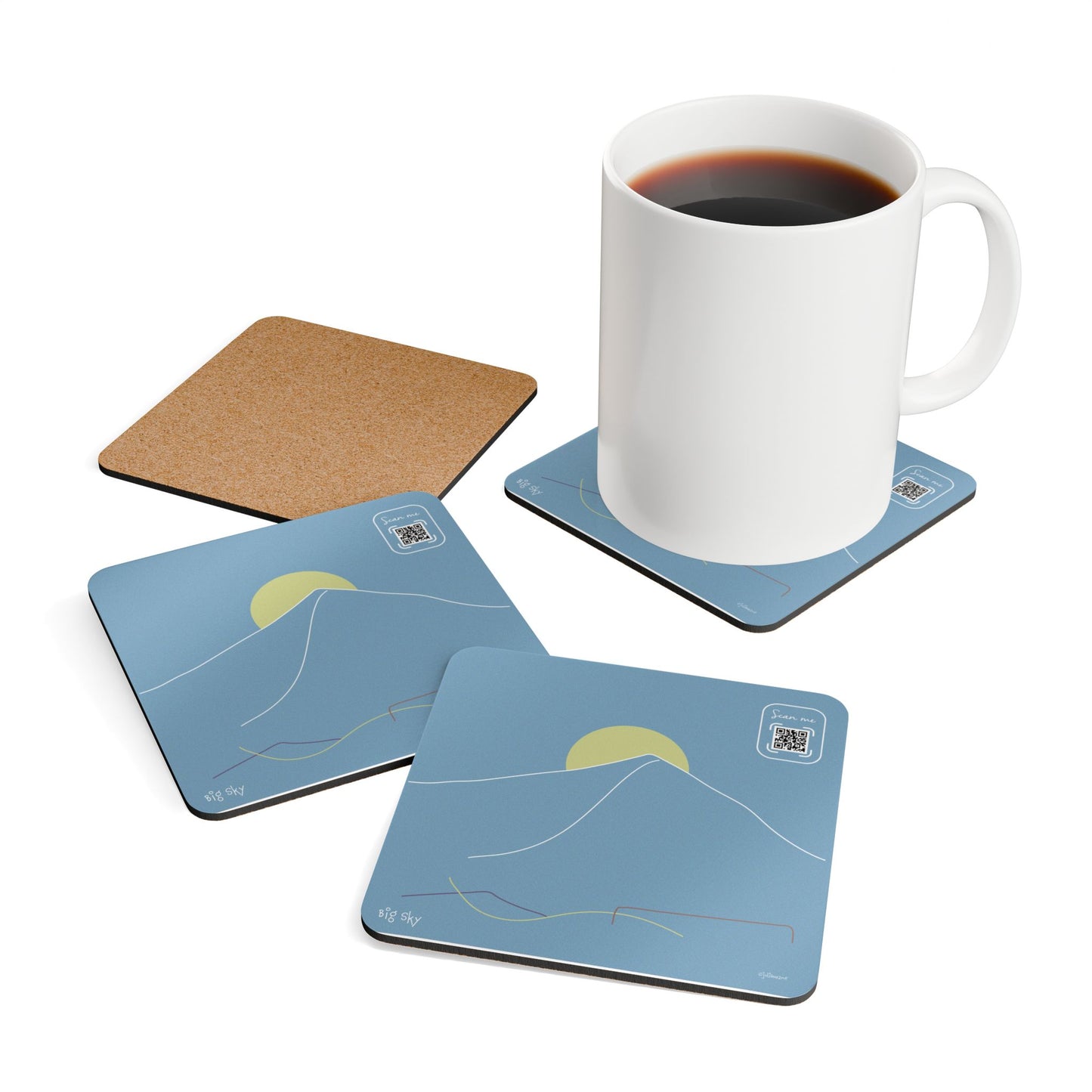 Minimalist Corkwood Coaster Set - Stylish Big Sky Mountain Design - Perfect for your BNB in Montana Vista Nuovo Fine Art Prints by Juliana2me