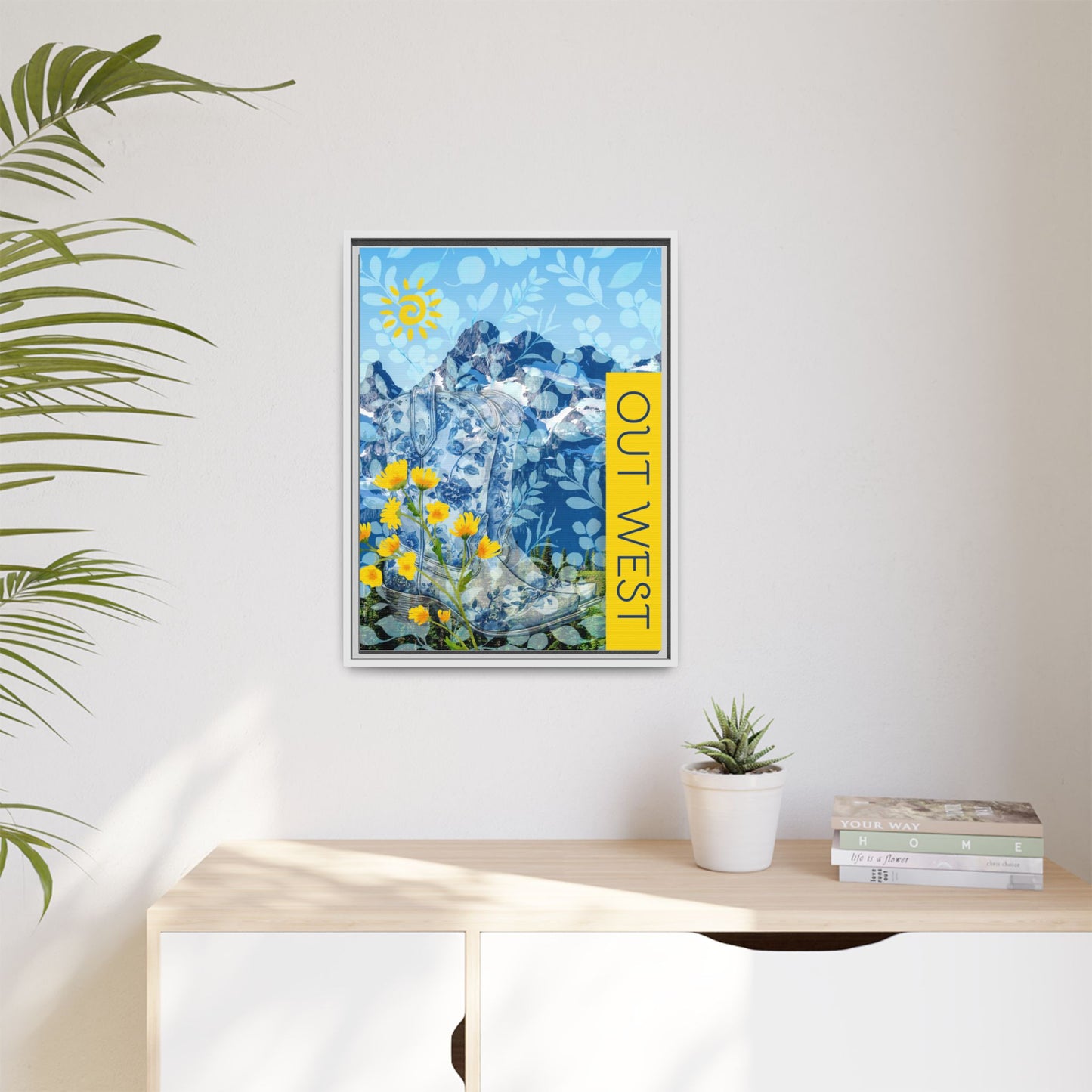 "Out West" Themed Framed Canvas Art, Colorful Mountain Decor, Western Style Wall Art, for Airbnb Home and Cabin Decor Vista Nuovo Fine Art Prints by Juliana2me