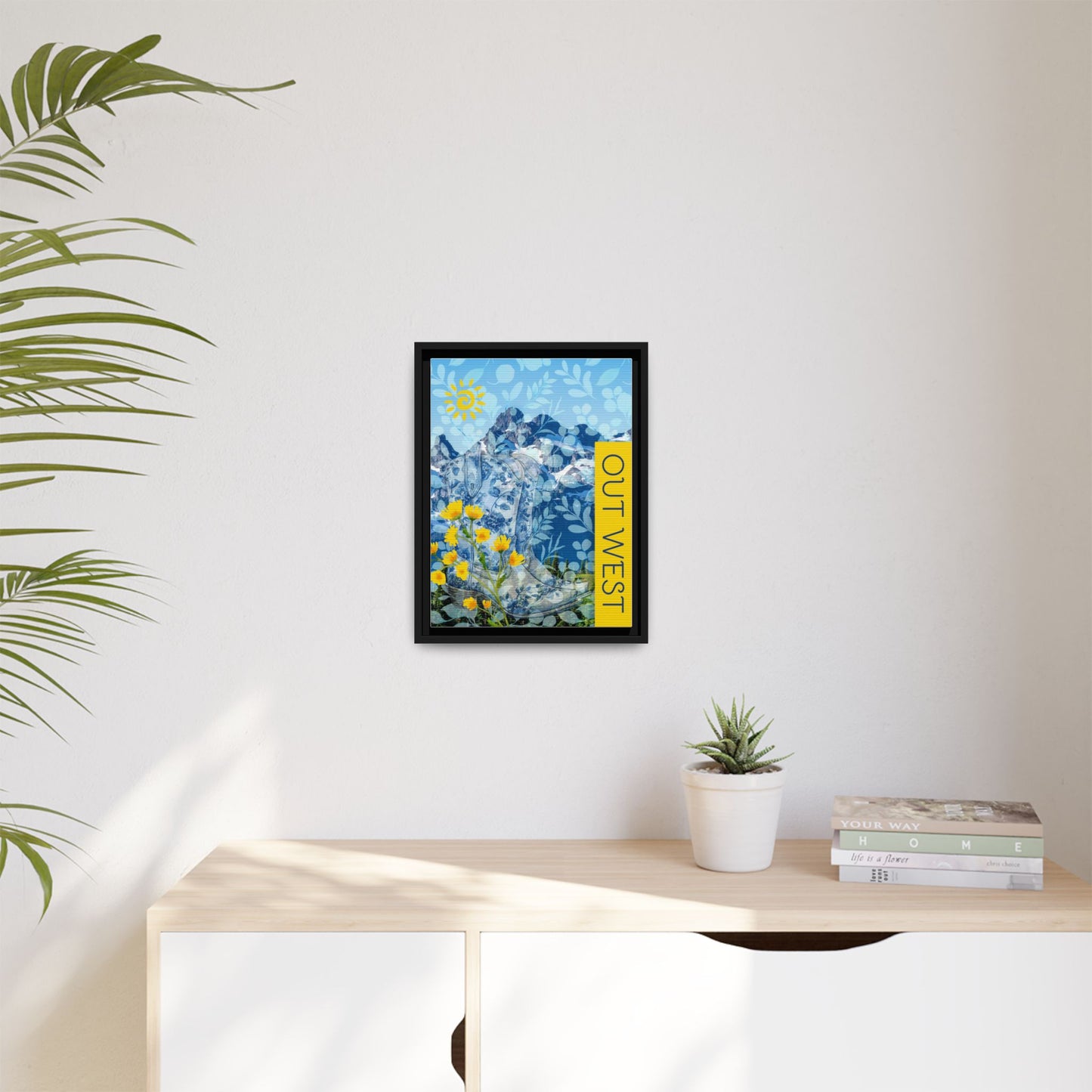 "Out West" Themed Framed Canvas Art, Colorful Mountain Decor, Western Style Wall Art, for Airbnb Home and Cabin Decor Vista Nuovo Fine Art Prints by Juliana2me