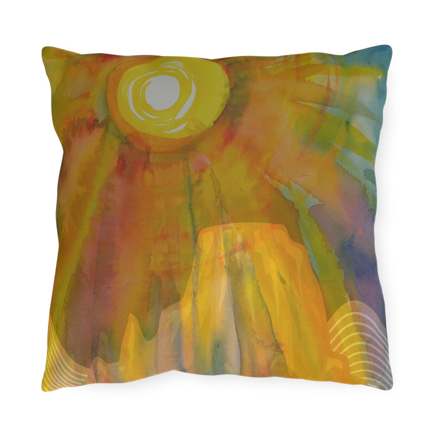 Sun on Butte Vibrant Outdoor Pillows - Watercolor Sun and Mountain Design for Patio Decor Desert or Country Airbnb/Vrbo/Homeaway Vacation Spaces Vista Nuovo Fine Art Prints by Juliana2me