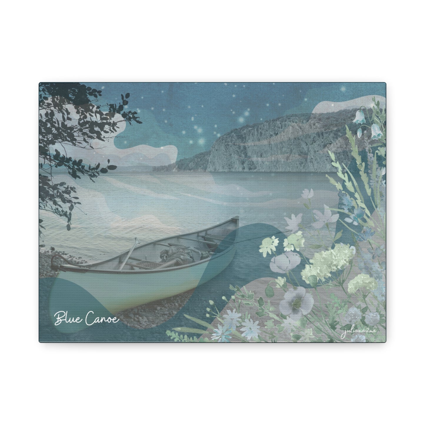 Blue Canoe Serene Landscape Canvas wall Art for Lakeside Airbnb Vacation Rental Homes Vista Nuovo Fine Art Prints by Juliana2me