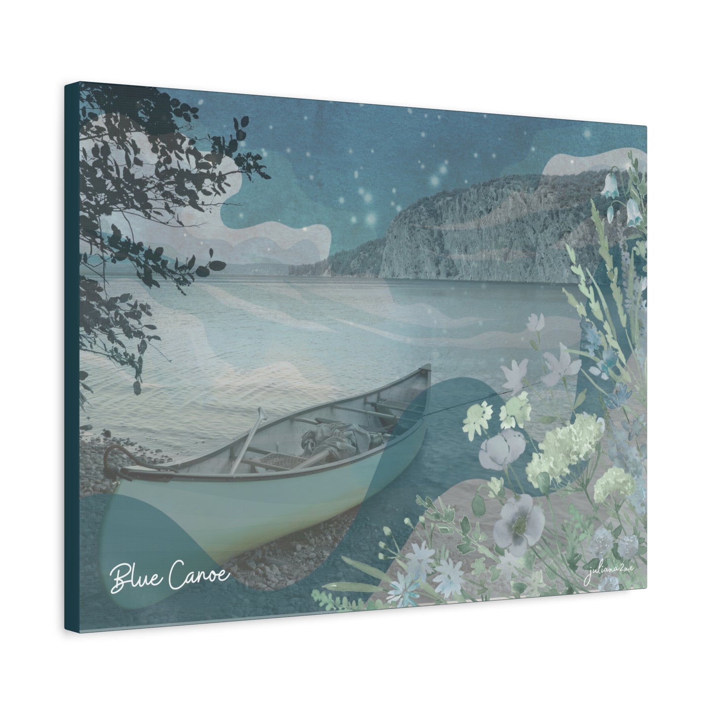 Blue Canoe Serene Landscape Canvas wall Art for Lakeside Airbnb Vacation Rental Homes Vista Nuovo Fine Art Prints by Juliana2me