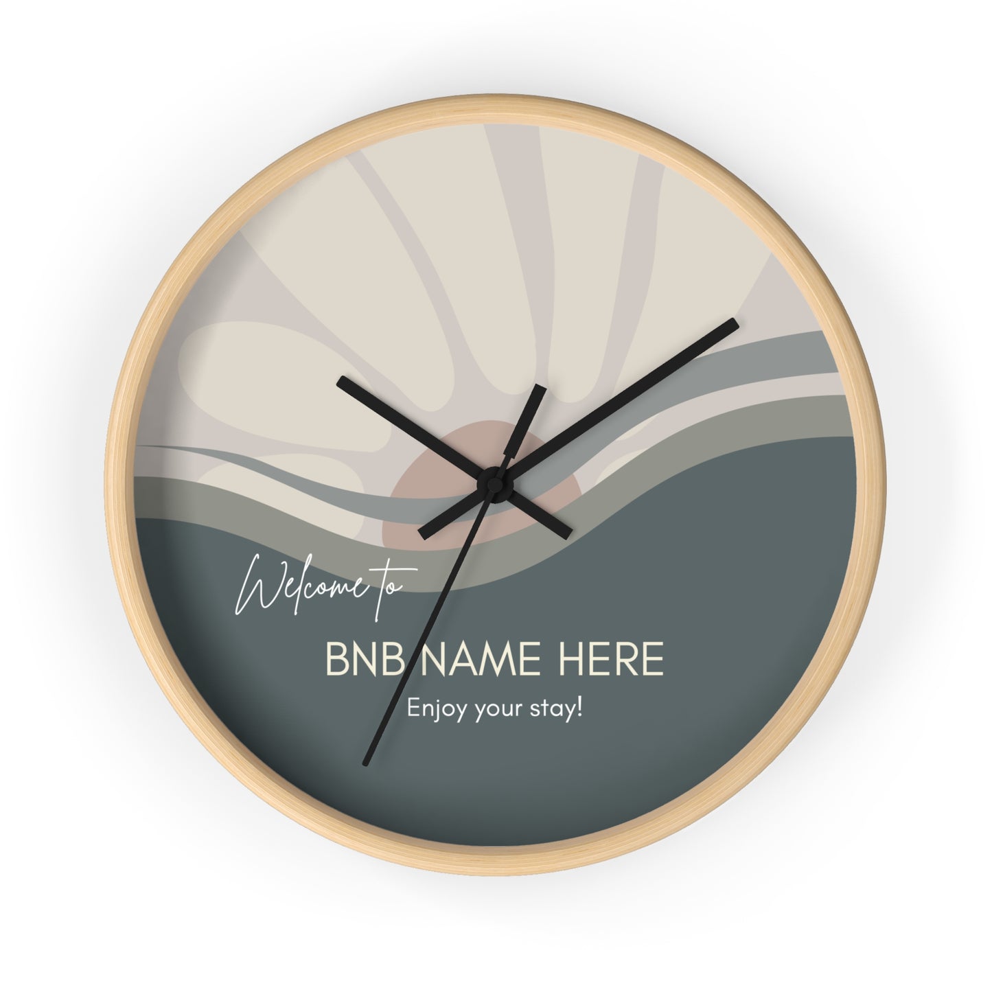 Sun Flower Wall Clock - Modern Minimal Style with Customizable Vacation Rental Home Name Vista Nuovo Fine Art Prints by Juliana2me