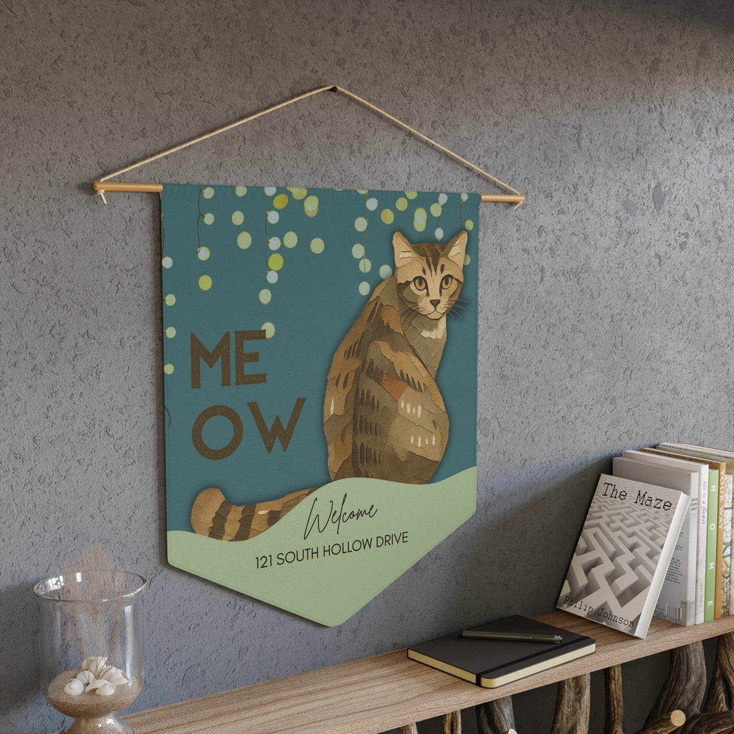 Cat “Meow” Welcome Pennant — Personalized Home Address Banner Vista Nuovo Fine Art Prints by Juliana2me