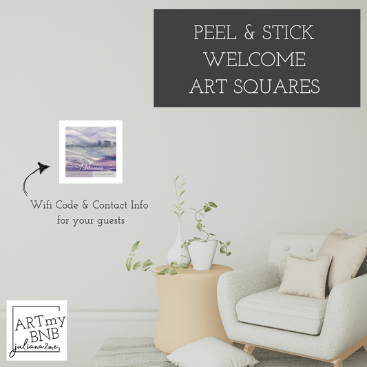 “Welcome ART • Squares” with WiFi and contact info for your guests