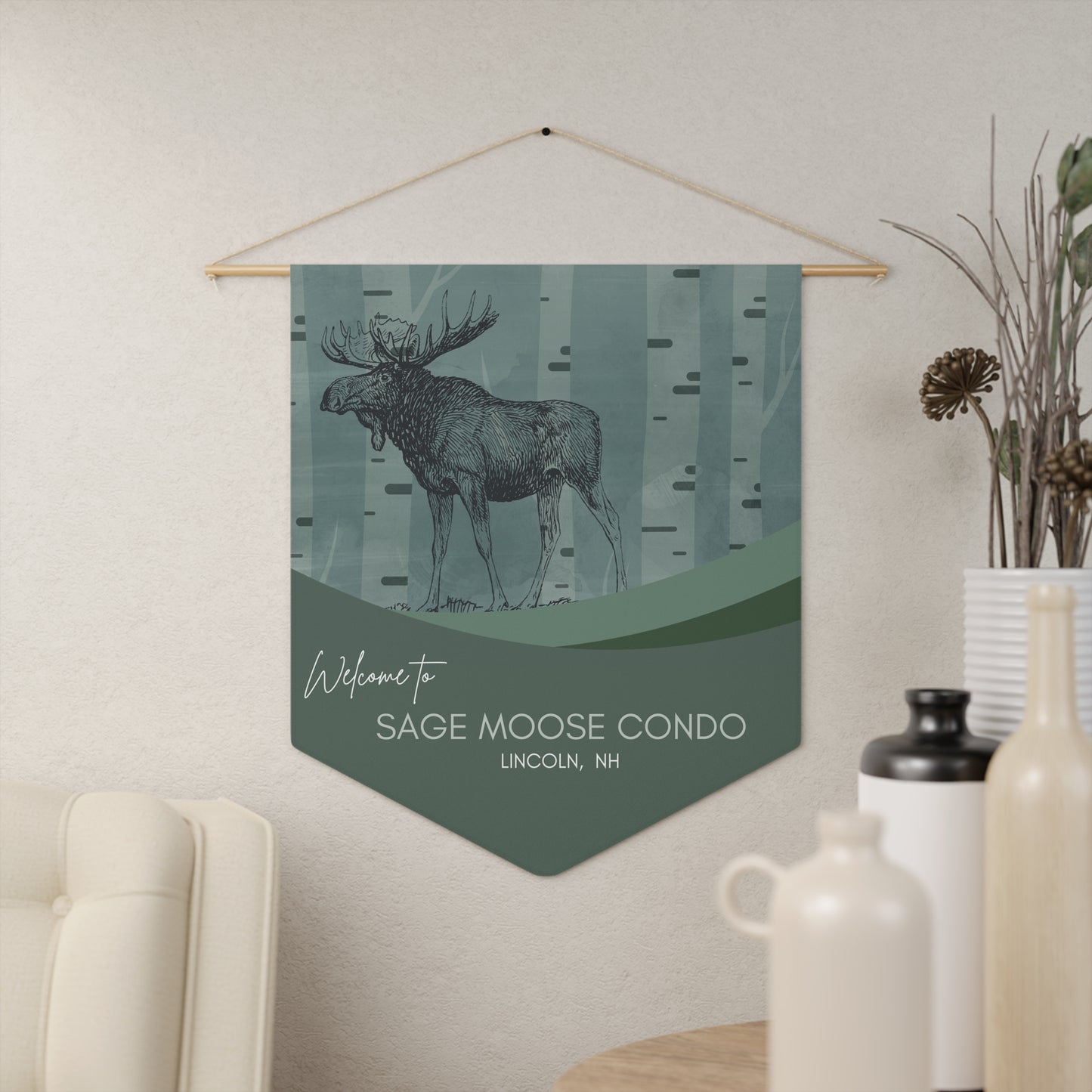 Moose Condo Pennant Wall Banner – 'Welcome to Sage Moose Condo' Rustic Lodge Decor Vista Nuovo Fine Art Prints by Juliana2me