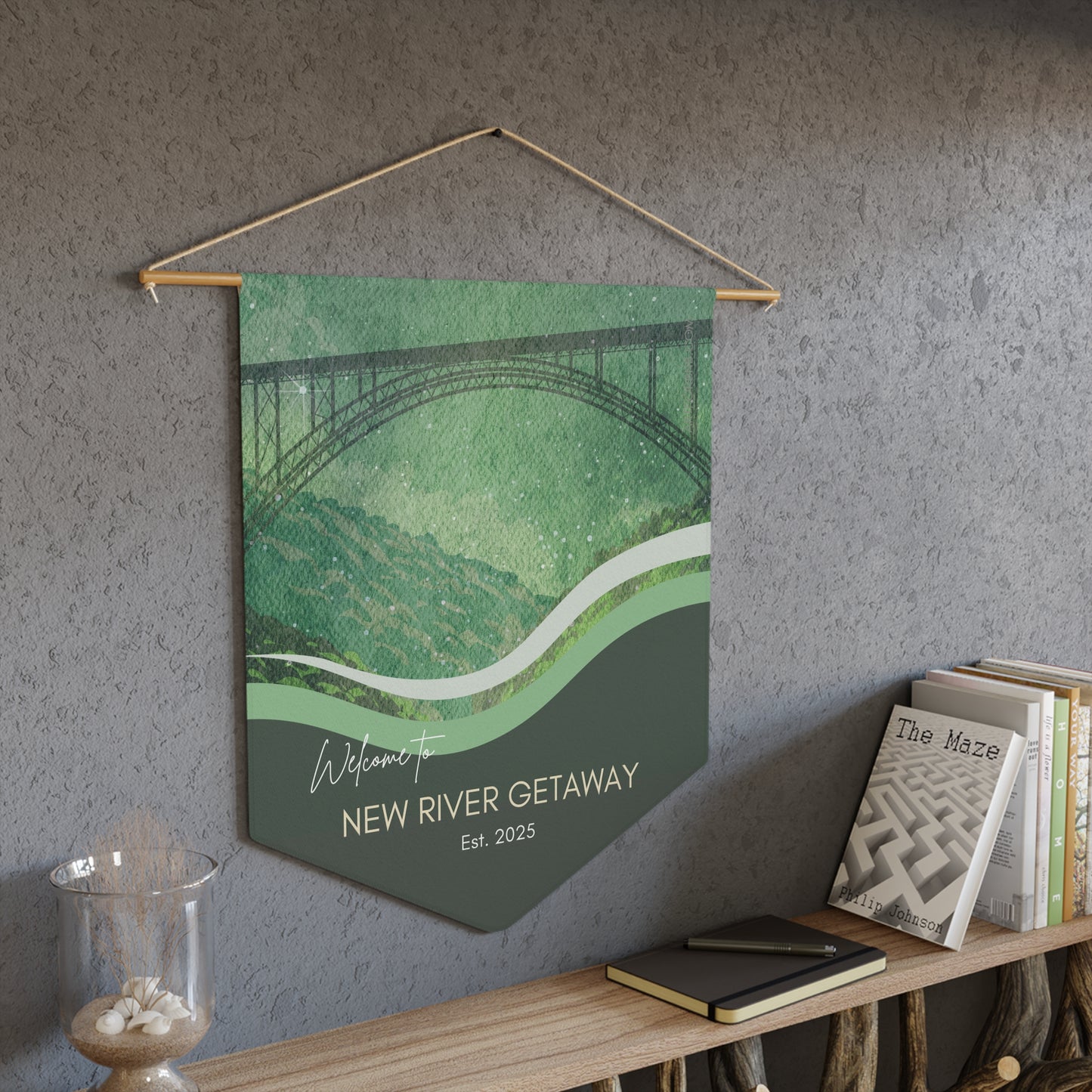 NEW RIVER GORGE Welcome Pennant Wall Hanging Welcome Sign for Maine Airbnb Hosts Personalizable Custom Design Vista Nuovo Fine Art Prints by Juliana2me