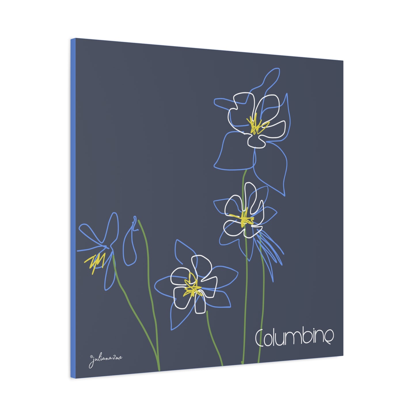 Blue Colombine Floral Line Art Canvas Print, Stretched Wall Decor, Modern Home Art, , Botanical Artwork, Blue Flower Print for Airbnb Vacation Homes Vista Nuovo Fine Art Prints by Juliana2me