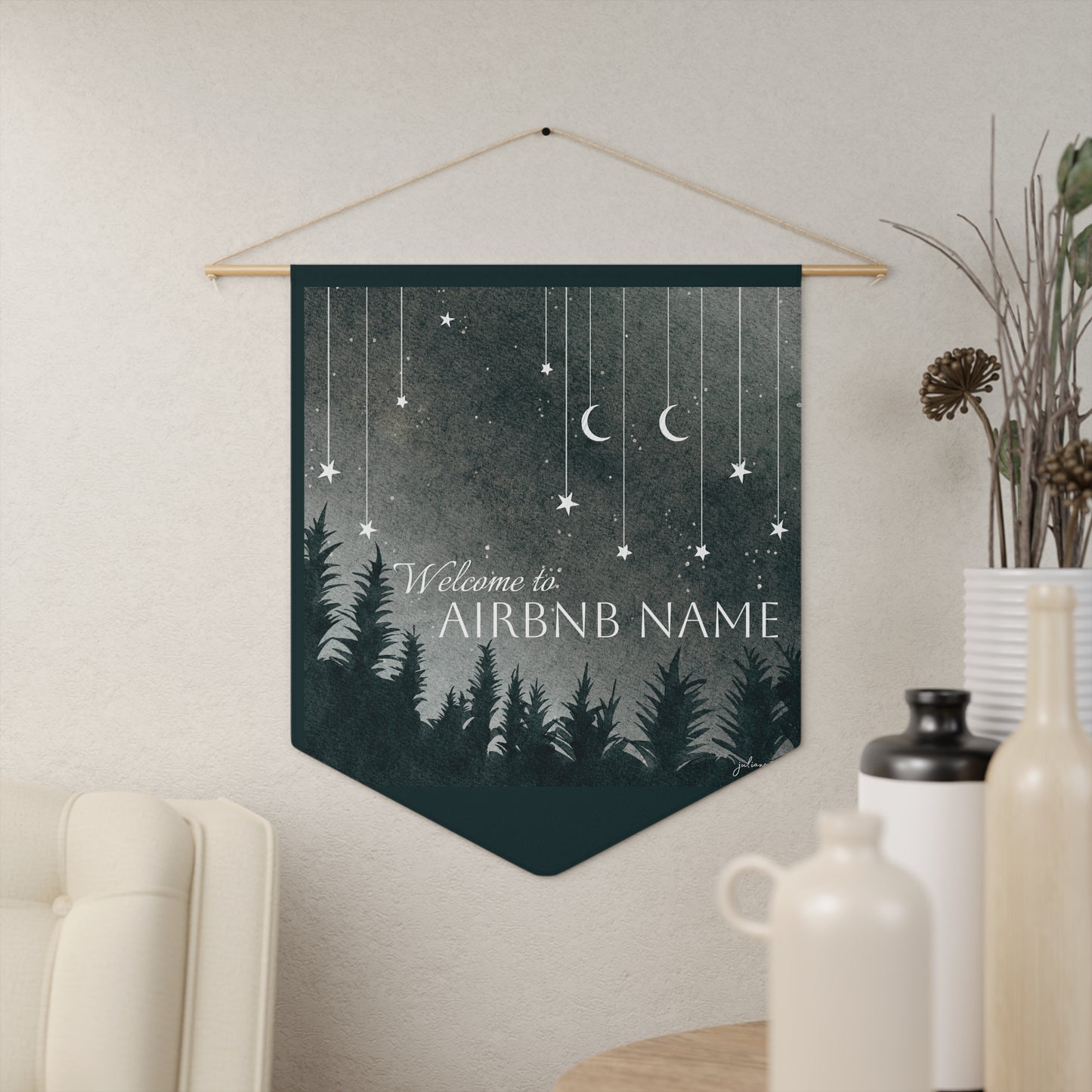 "Monochome Dream" Pennant Banner with Moon Stars and Forest to welcome guests to your BnB Vista Nuovo Fine Art Prints by Juliana2me