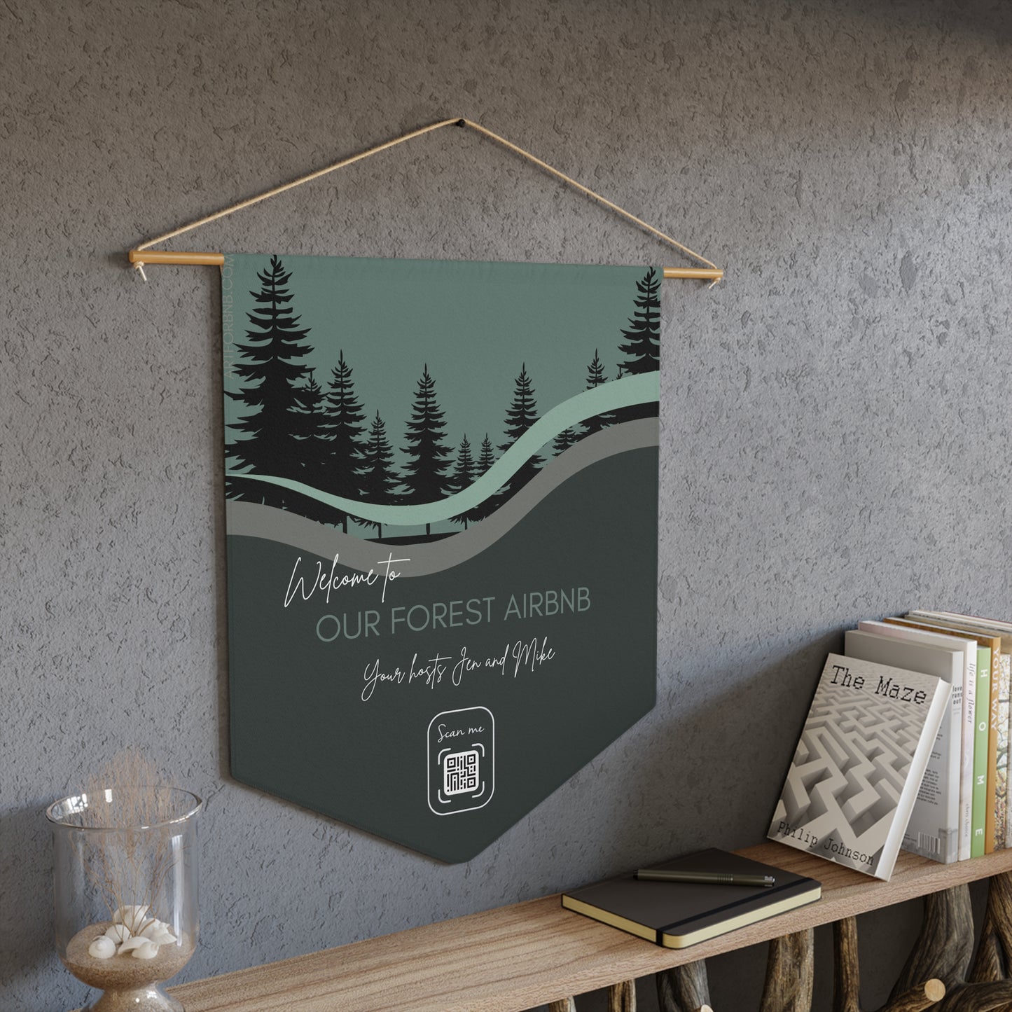 Simple & Practical FOREST Airbnb Welcome Pennant with QR Code, Rustic Home Decor, Cabin Vibe Wall Hanging Vista Nuovo Fine Art Prints by Juliana2me