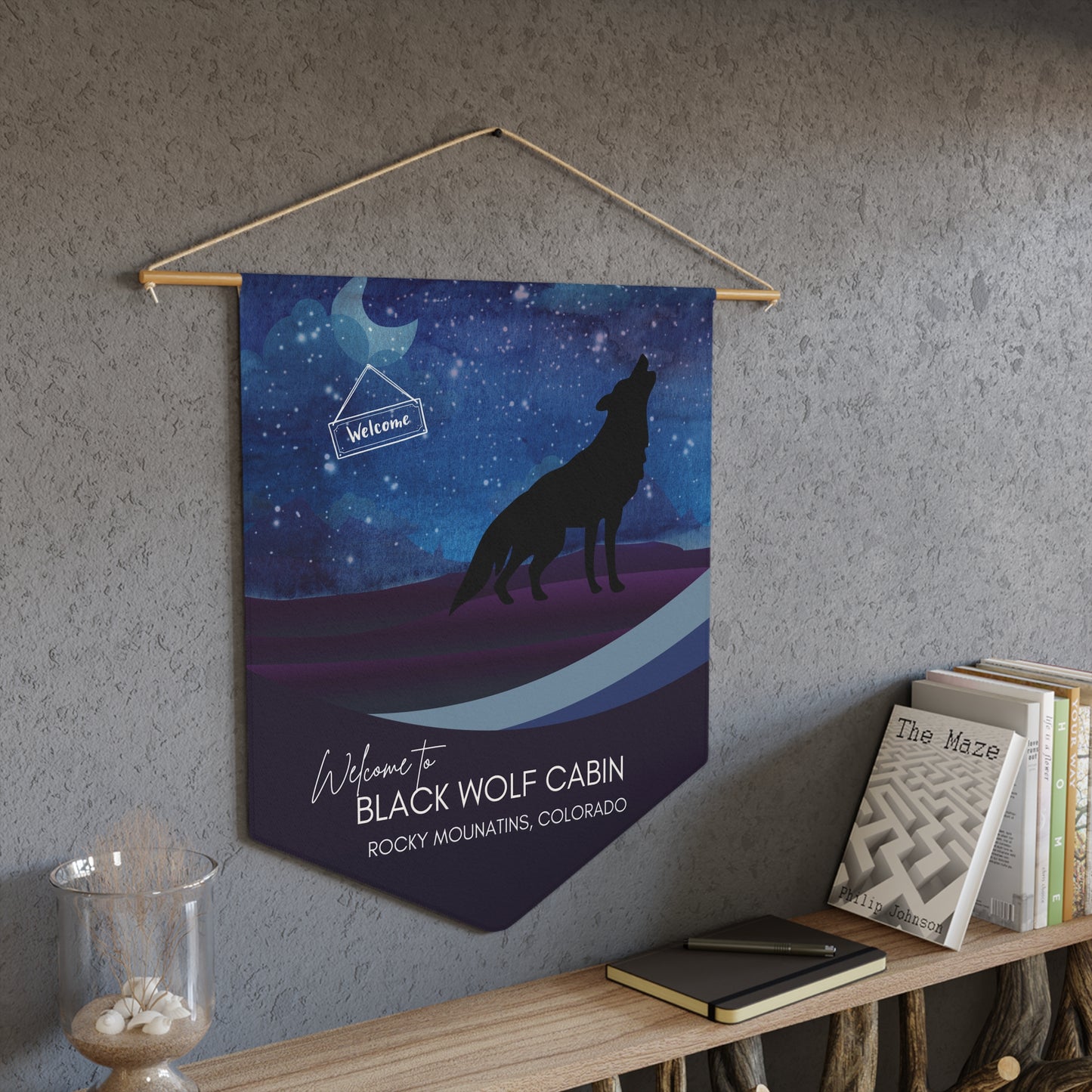 Black Wolf Cabin Pennant — Rustic Welcome Wall Banner for Mountain Cabins & Lodges Vista Nuovo Fine Art Prints by Juliana2me
