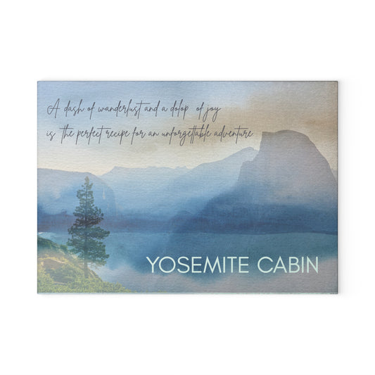 Yosemite Cabin Glass Cutting Board — Scenic Mountain Kitchen Chopping Board with Inspirational Quote