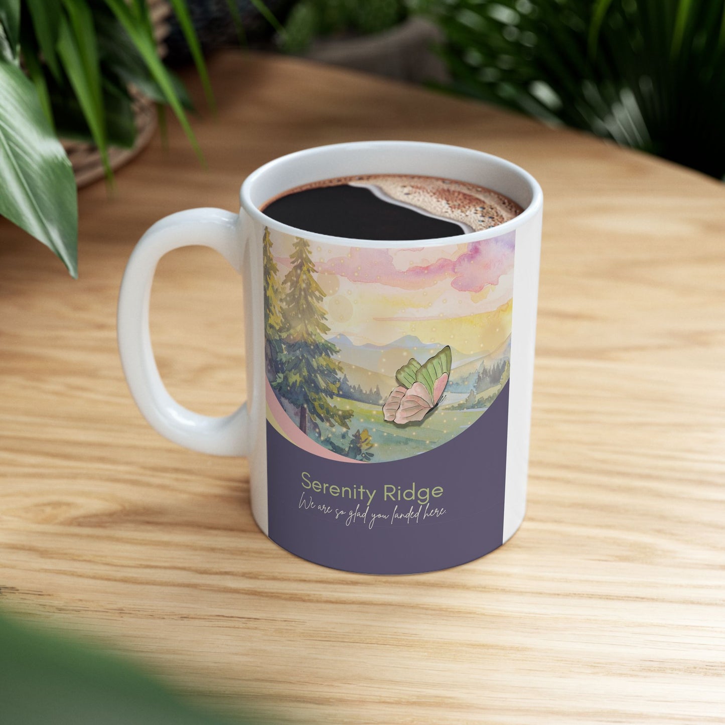 Nature-Inspired Ceramic Mug — Watercolor Sunset & Mountain Scenic Coffee Cup (11oz, 15oz) Vista Nuovo Fine Art Prints by Juliana2me