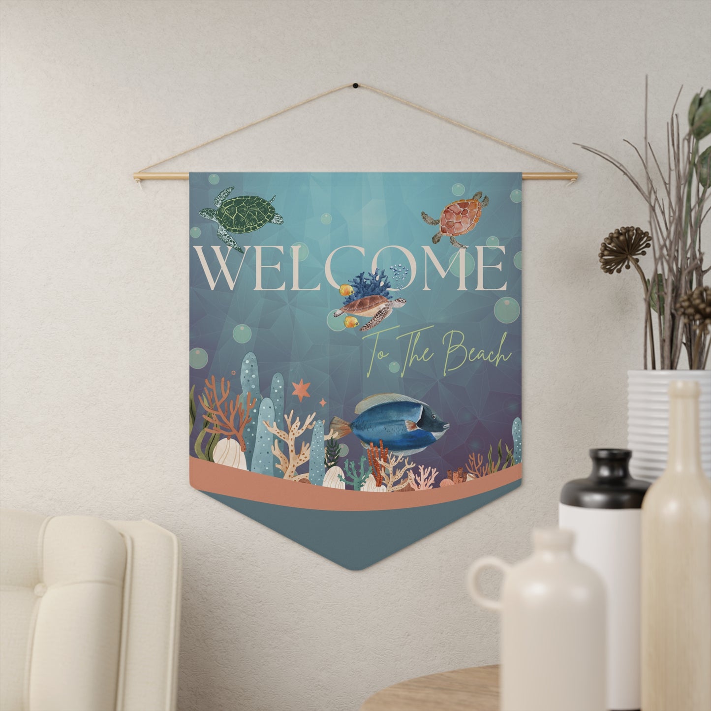 Pennant Wall Decor -Beach Welcome Sign with Sea Turtles Coral, Fish in Ocean Colors Vista Nuovo Fine Art Prints by Juliana2me