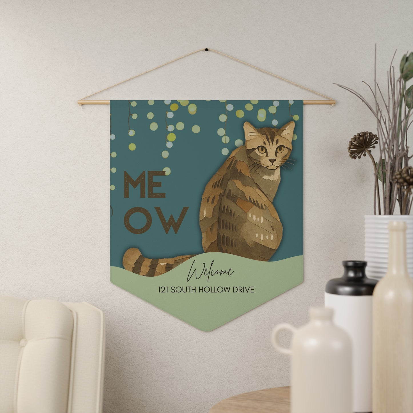 Cat “Meow” Welcome Pennant — Personalized Home Address Banner Vista Nuovo Fine Art Prints by Juliana2me