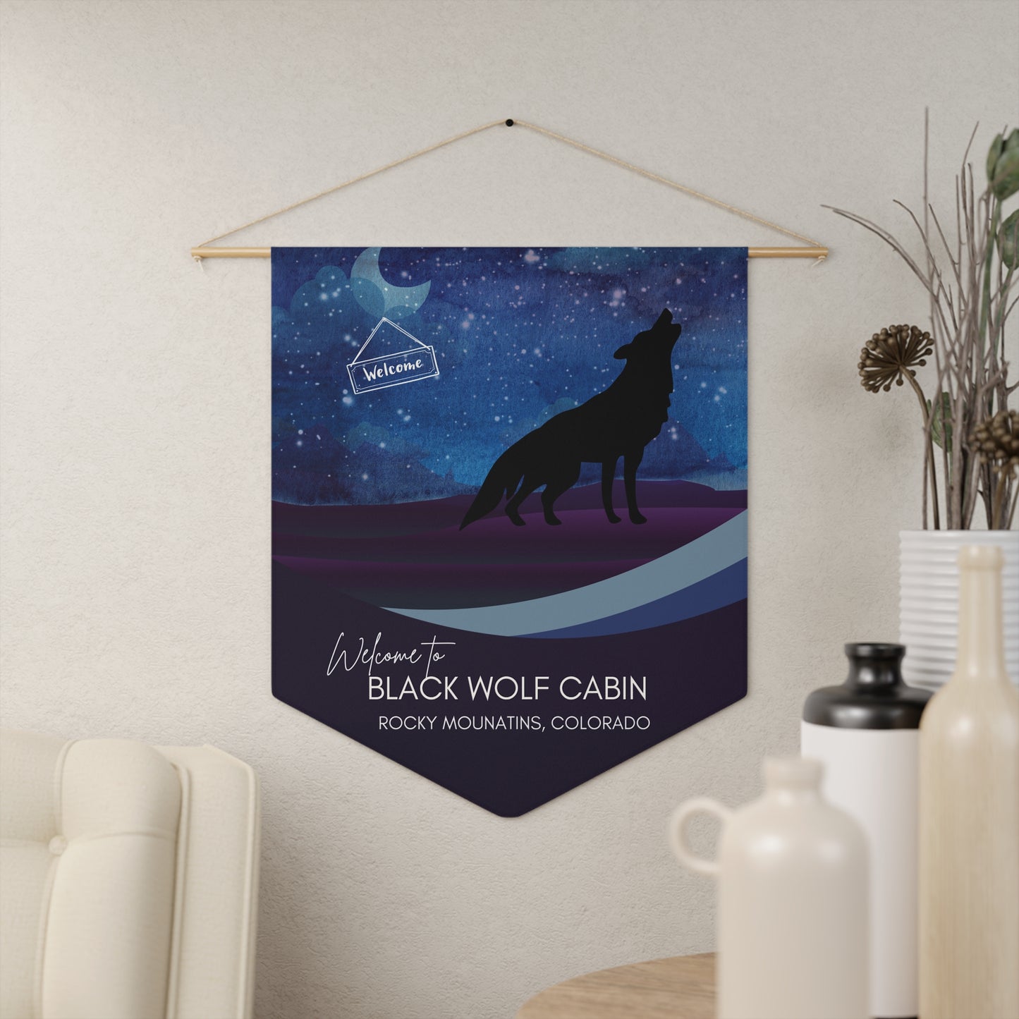 Black Wolf Cabin Pennant — Rustic Welcome Wall Banner for Mountain Cabins & Lodges Vista Nuovo Fine Art Prints by Juliana2me