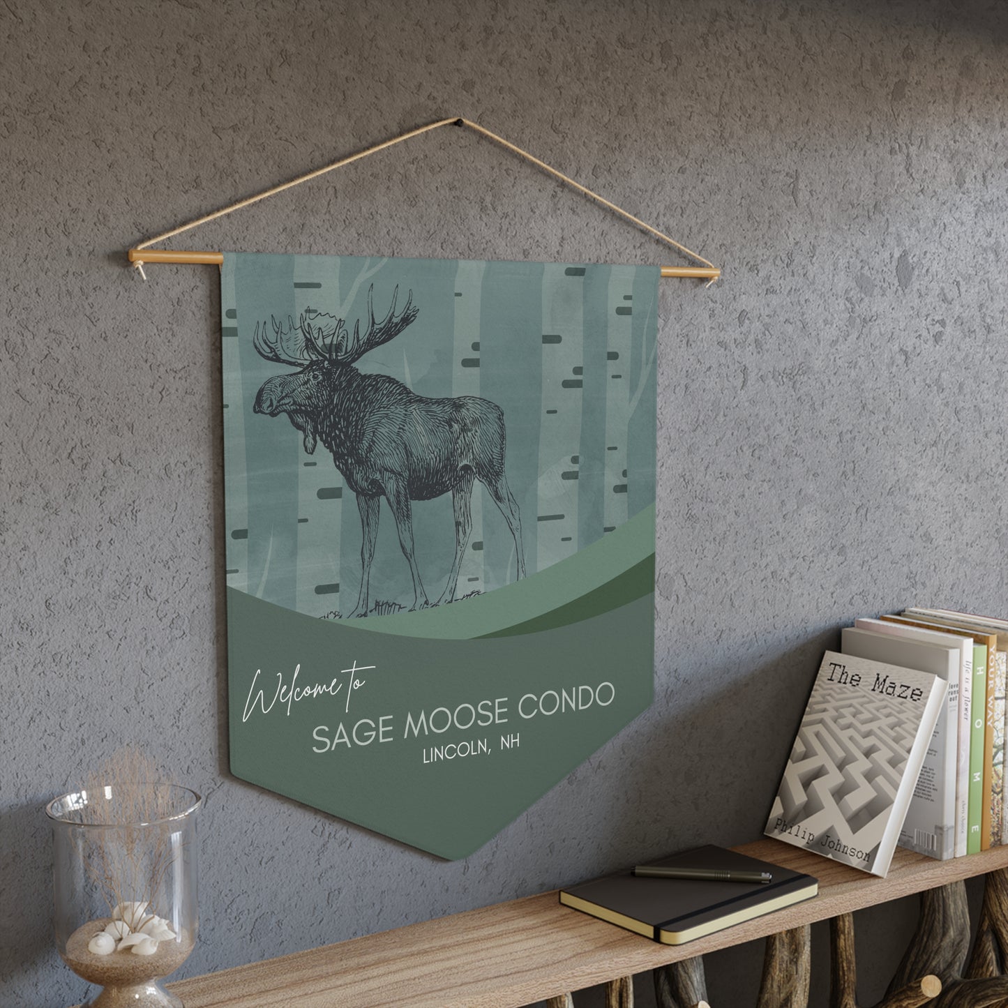Moose Condo Pennant Wall Banner – 'Welcome to Sage Moose Condo' Rustic Lodge Decor Vista Nuovo Fine Art Prints by Juliana2me