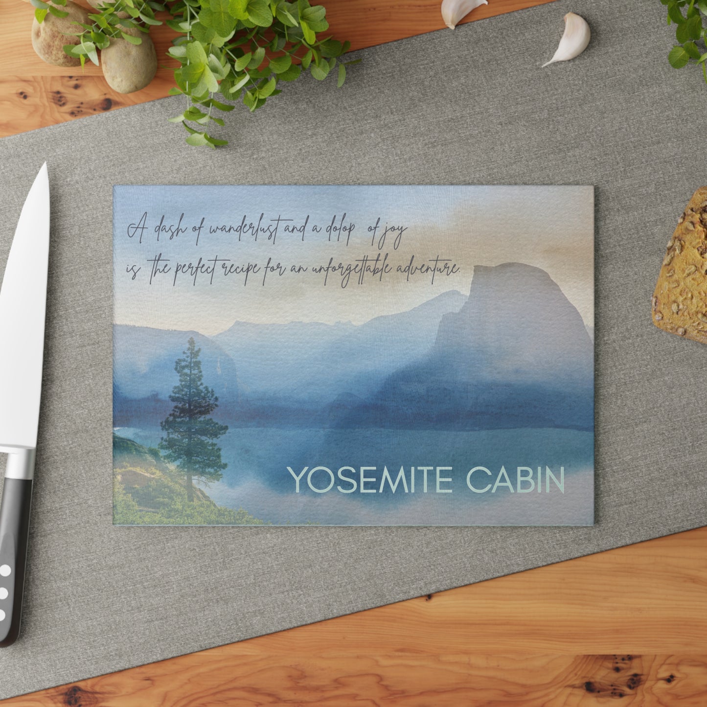 Yosemite Cabin Glass Cutting Board — Scenic Mountain Kitchen Chopping Board with Inspirational Quote Vista Nuovo Fine Art Prints by Juliana2me