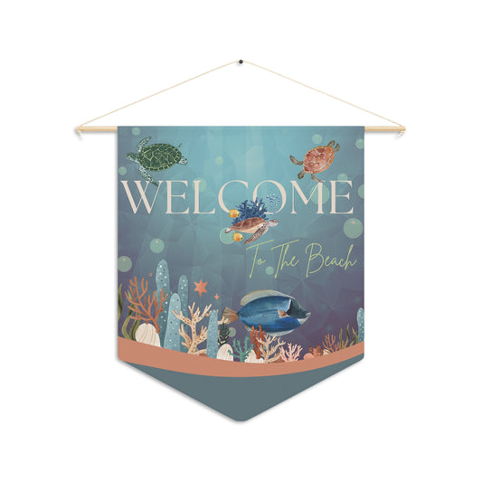 Pennant Wall Decor -Beach Welcome Sign with Sea Turtles Coral, Fish in Ocean Colors