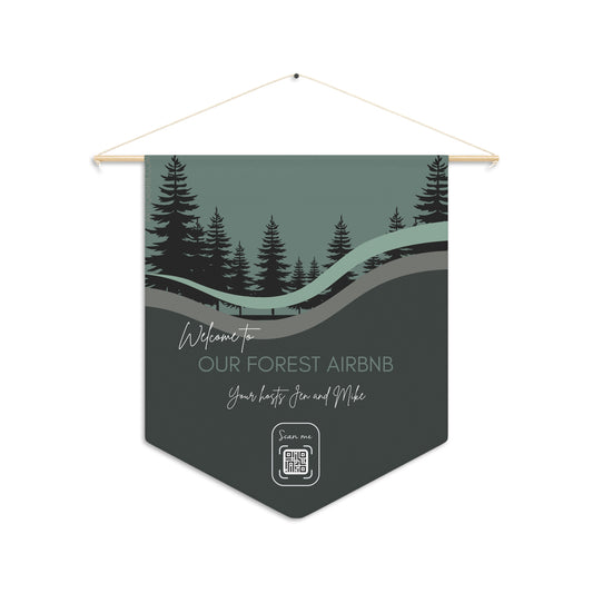Simple & Practical FOREST Airbnb Welcome Pennant with QR Code, Rustic Home Decor, Cabin Vibe Wall Hanging