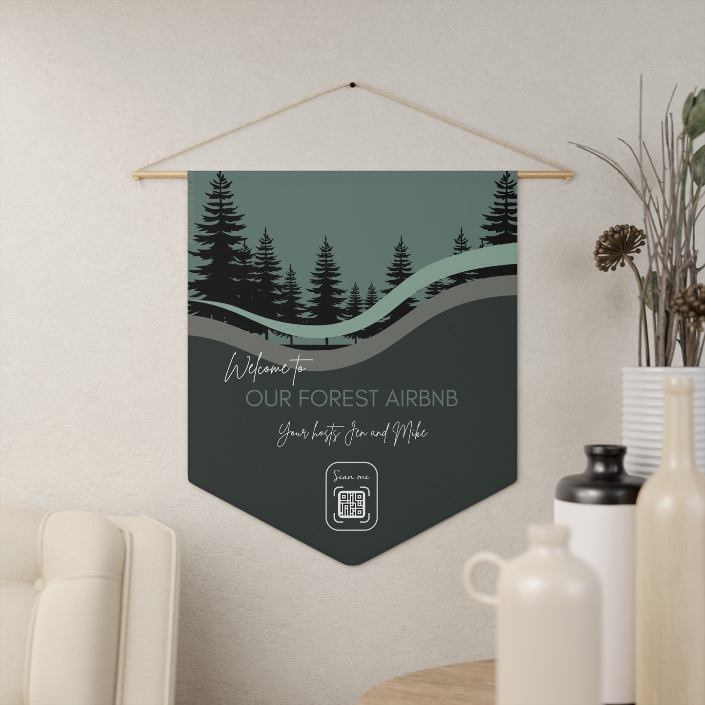 Simple & Practical FOREST Airbnb Welcome Pennant with QR Code, Rustic Home Decor, Cabin Vibe Wall Hanging Vista Nuovo Fine Art Prints by Juliana2me