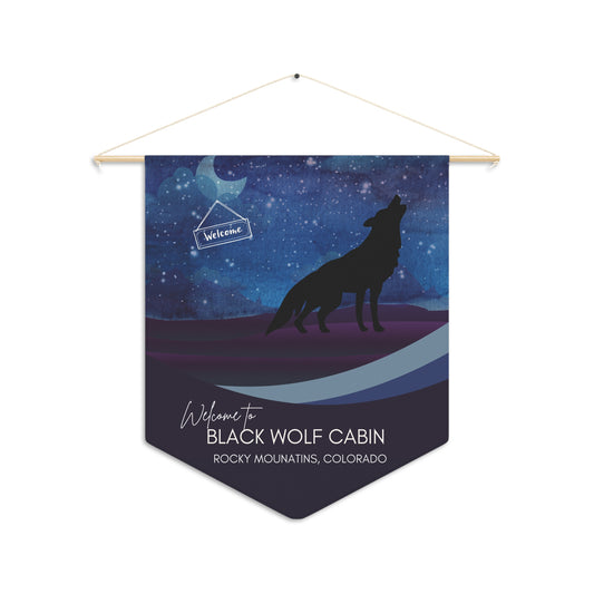 Black Wolf Cabin Pennant — Rustic Welcome Wall Banner for Mountain Cabins & Lodges