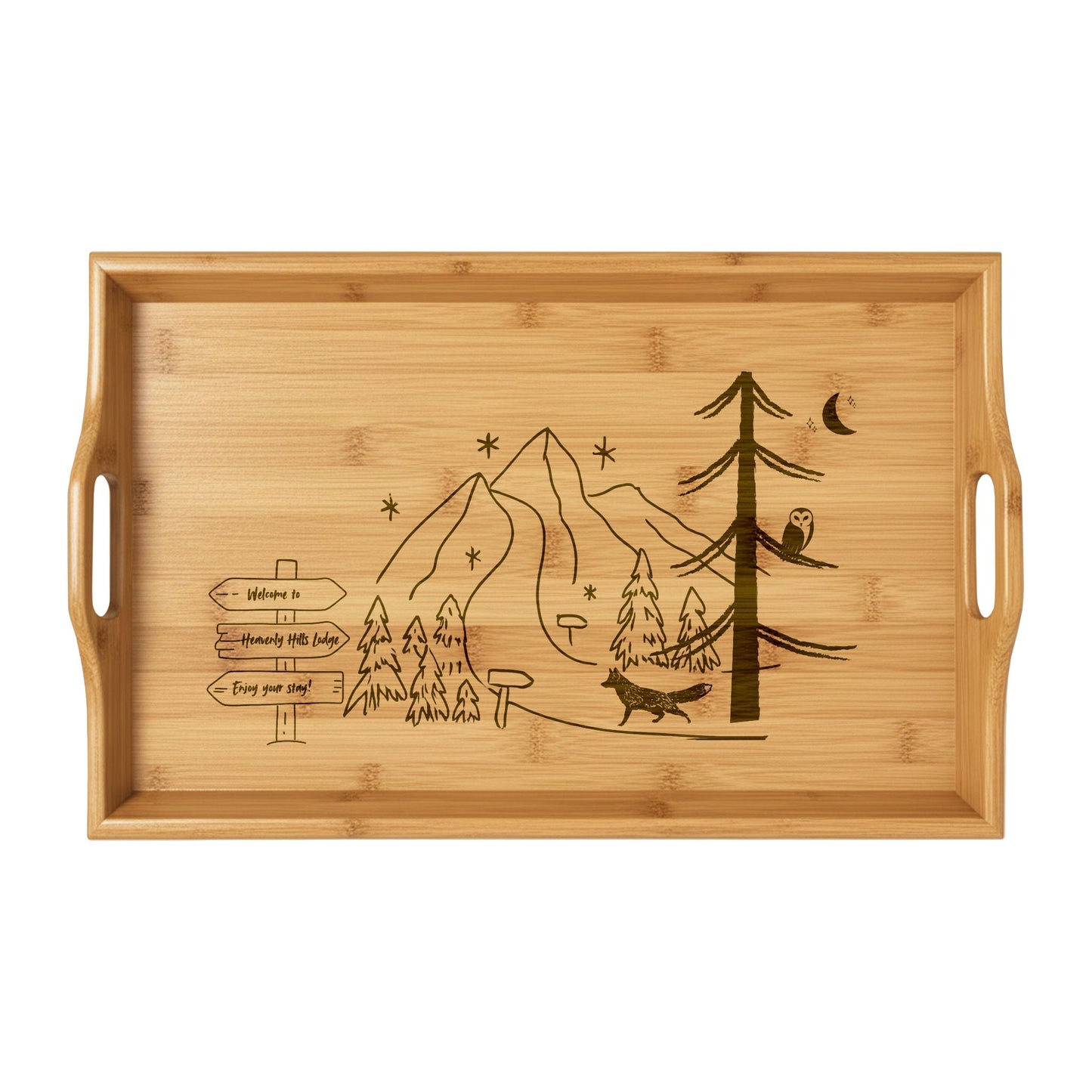 Engraved Bamboo Serving Tray — Mountain Camping Scene Vista Nuovo Fine Art Prints by Juliana2me